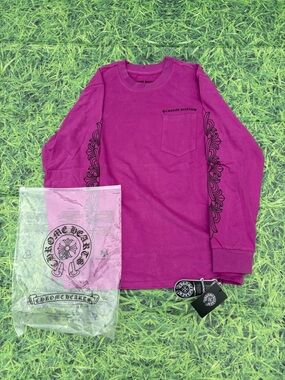 Chrome Hearts Magenta Long Sleeve Pocket Tee with Black Sleeve Graphics